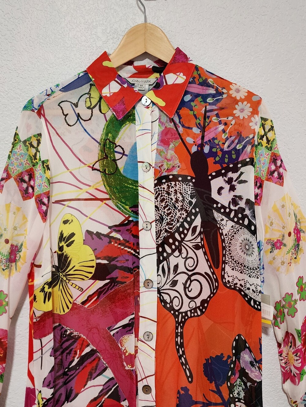 John Mark Vibrant Butterfly Floral Print Sheer Tunic Shirt Button Down Medium - Picture 4 of 13